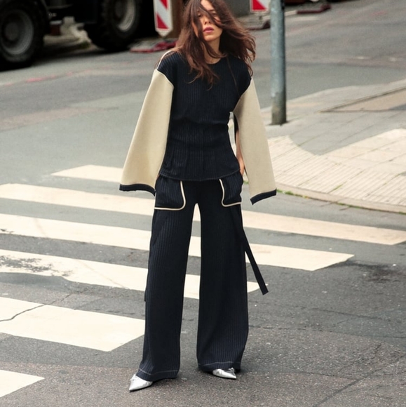 Zara Sweaters - Zara Set Striped Sweatshirt Mixed Stripped + Pants Black/Sand size M BNWT